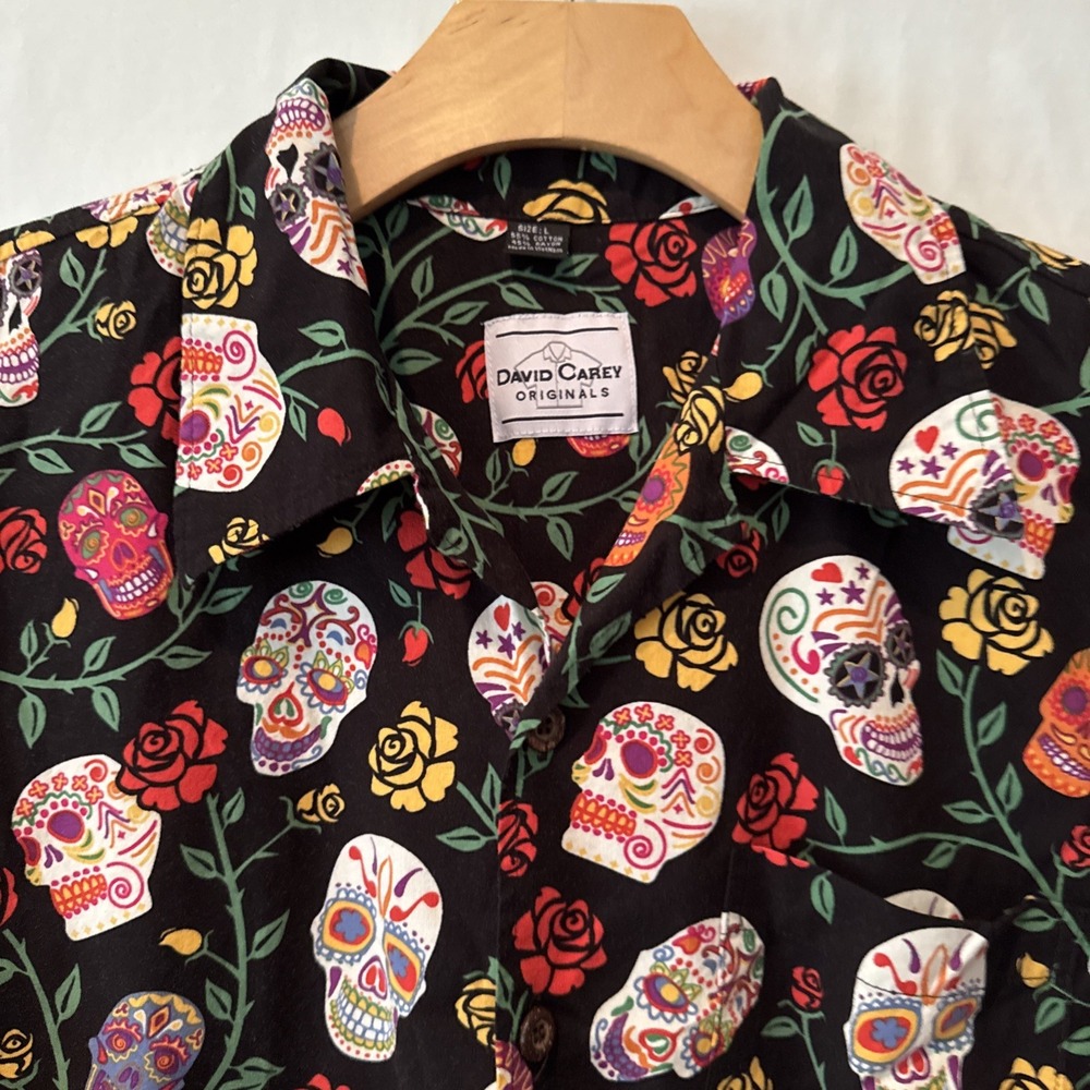 David Carey Originals Mens LG Dia De Los Muertos Sugar Skulls Button Up Shirt